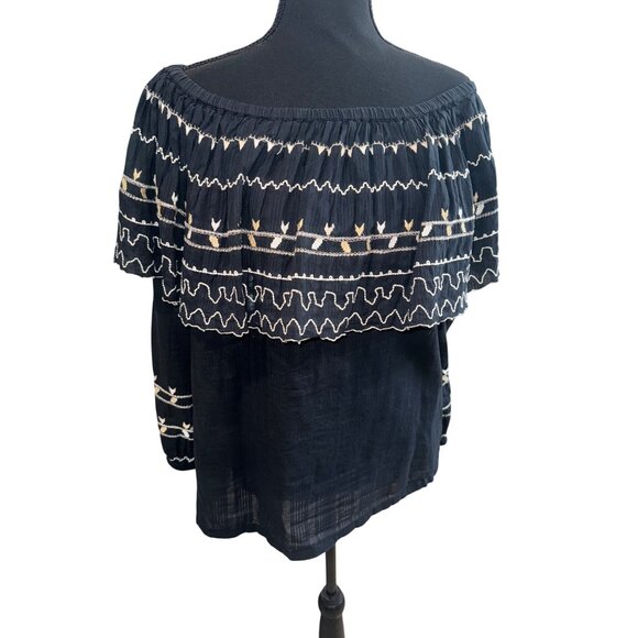 Reba Off-Shoulder Peasant Top Embroidery Black Boho Cottage Size L 100% Cotton - Picture 2 of 8